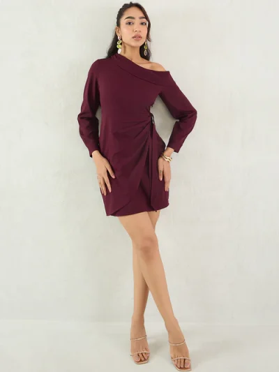 Wine One-Shoulder Draped Mini Dress