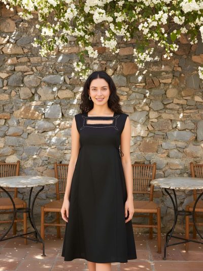 Metallic Black Linen Midi Dress with Beaded Keyhole & Adjustable Waist