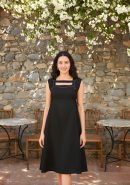Metallic Black Linen Midi Dress with Beaded Keyhole & Adjustable Waist