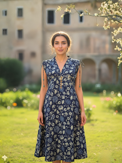 Indigo Blue Cotton Printed Maxi Dress with Round Yoke & Drawstring Sleeves