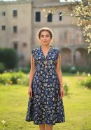 Indigo Blue Cotton Printed Midi Dress with Round Yoke & Drawstring Sleeves