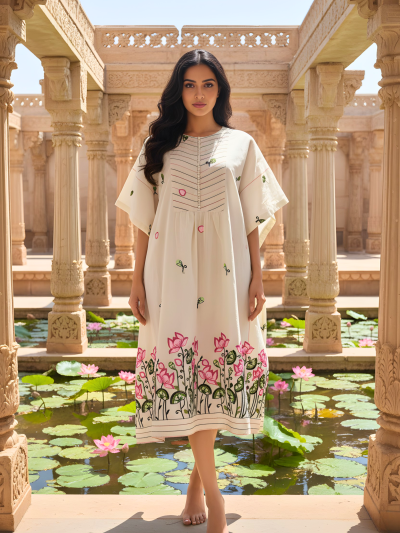 Off-White Cotton Kaftan Dress with Thread Work & Potli Button Yoke