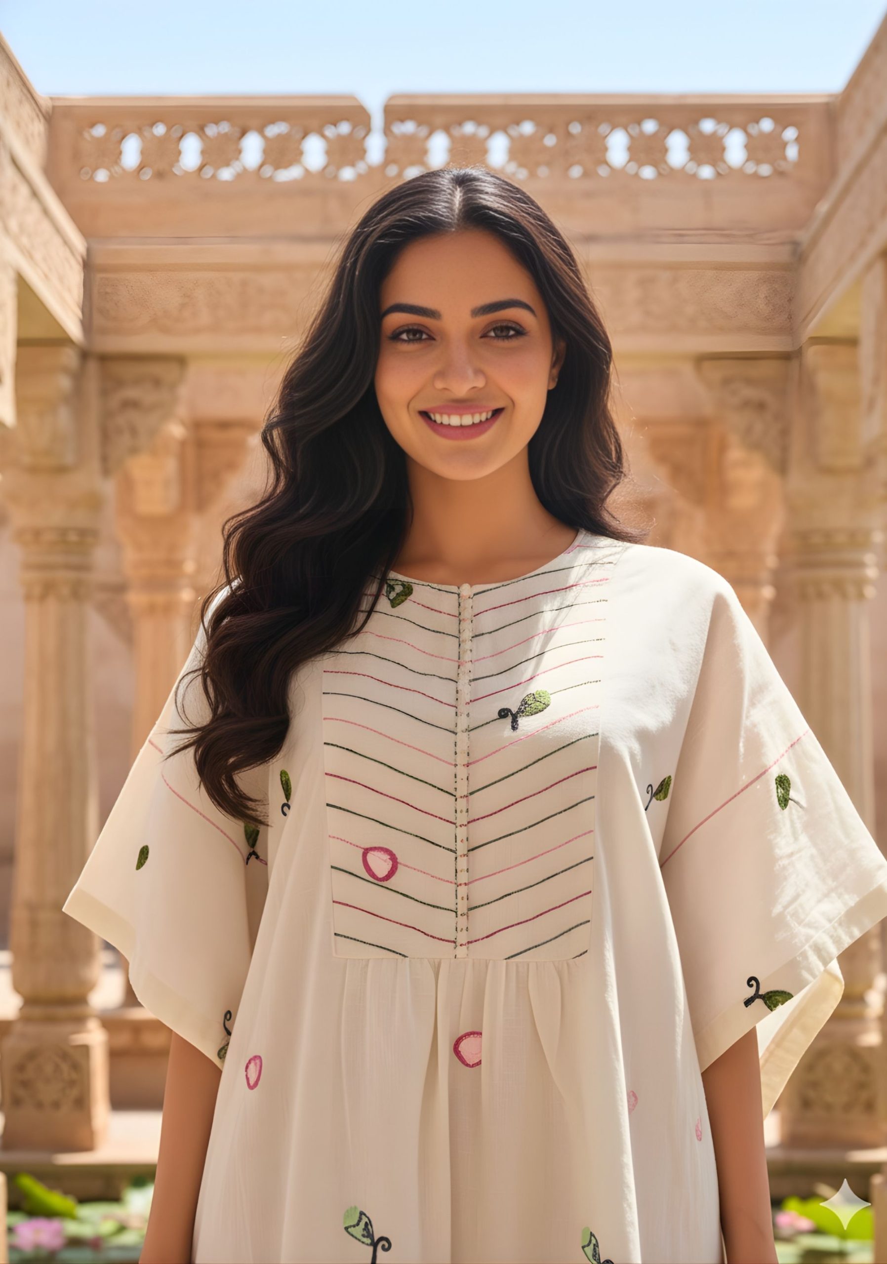 Energised Off-White Cotton Kaftan Dress With Thread Work & Potli Button At The Yoke - Image 2