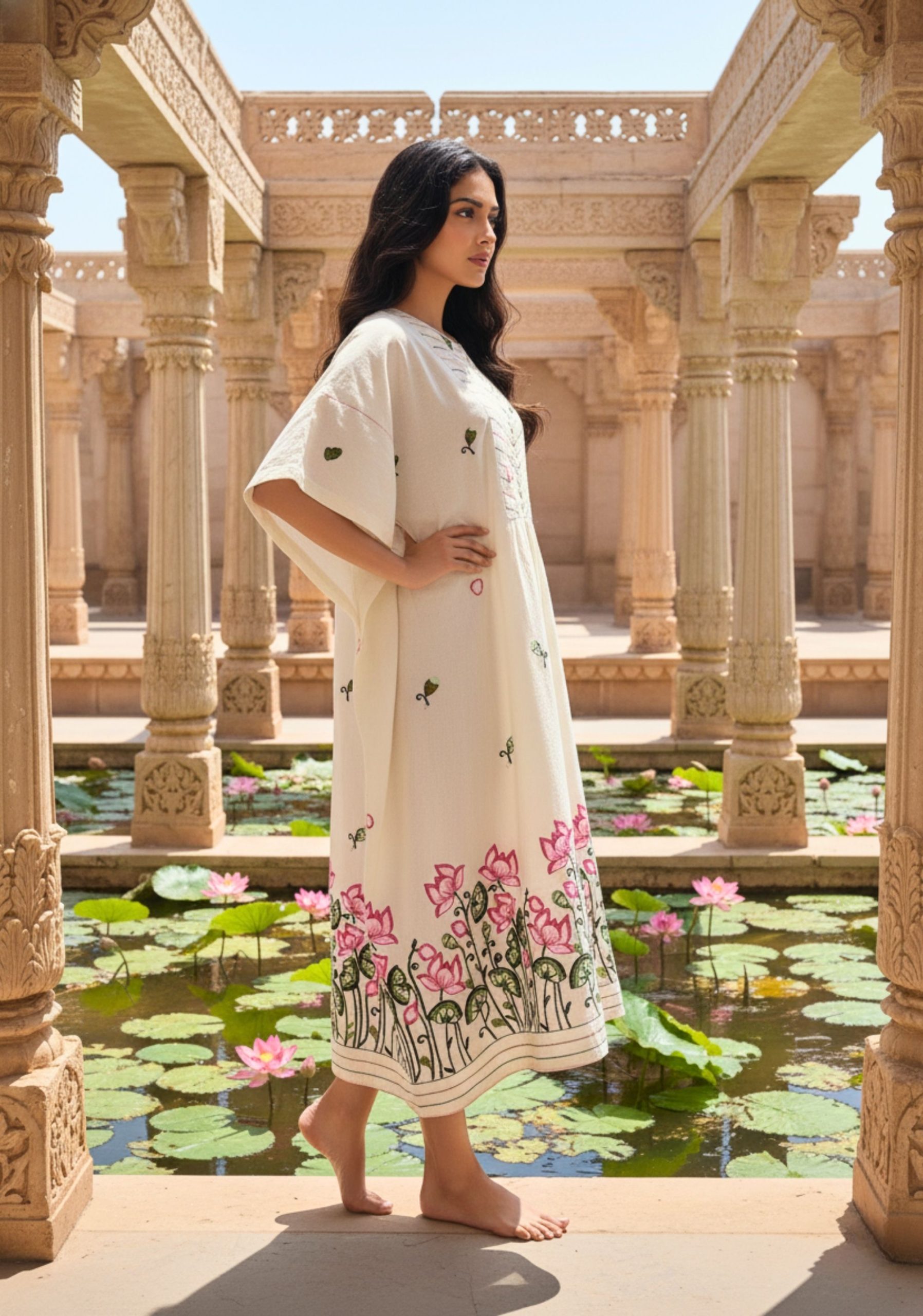Energised Off-White Cotton Kaftan Dress With Thread Work & Potli Button At The Yoke - Image 3