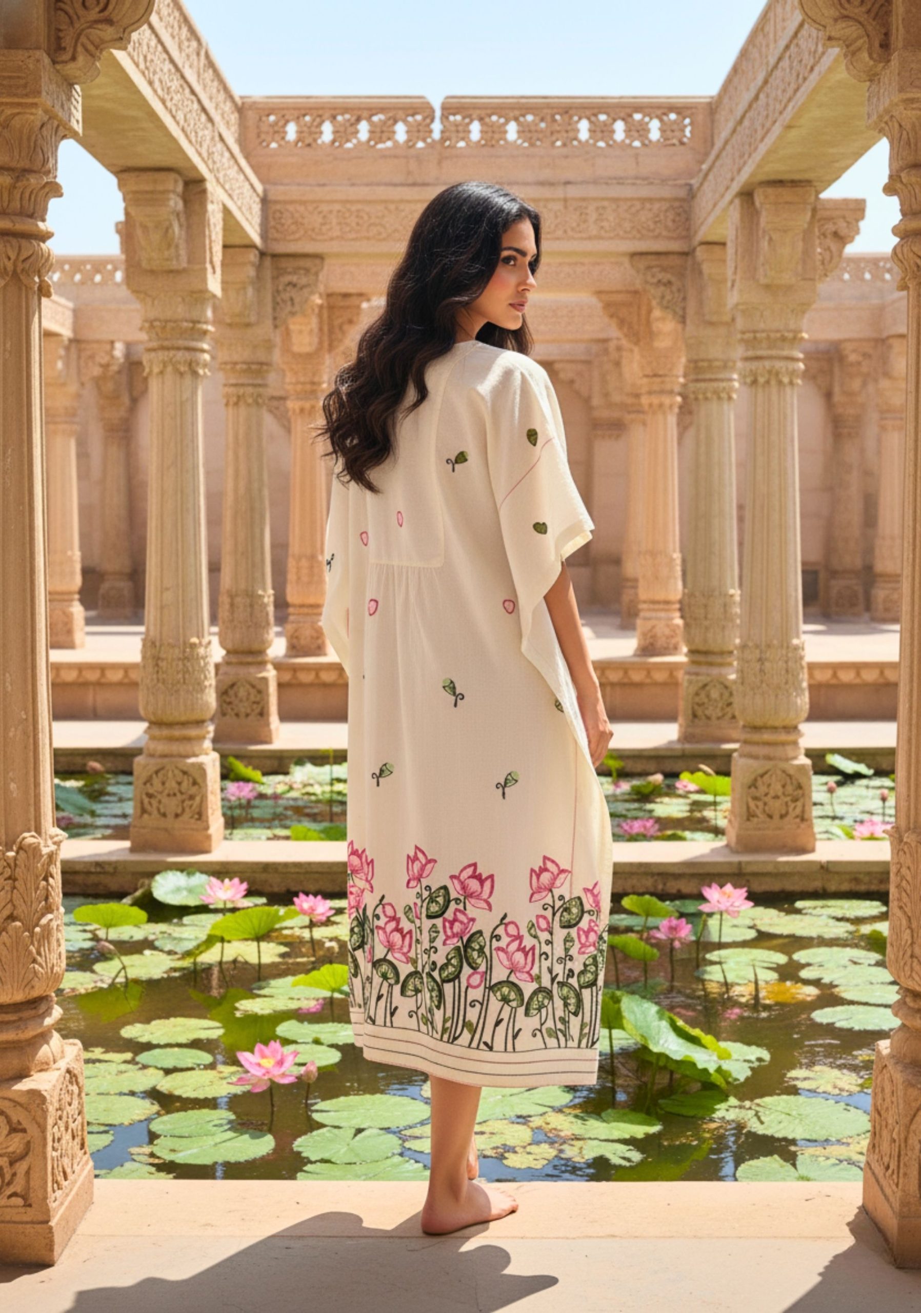 Energised Off-White Cotton Kaftan Dress With Thread Work & Potli Button At The Yoke - Image 4