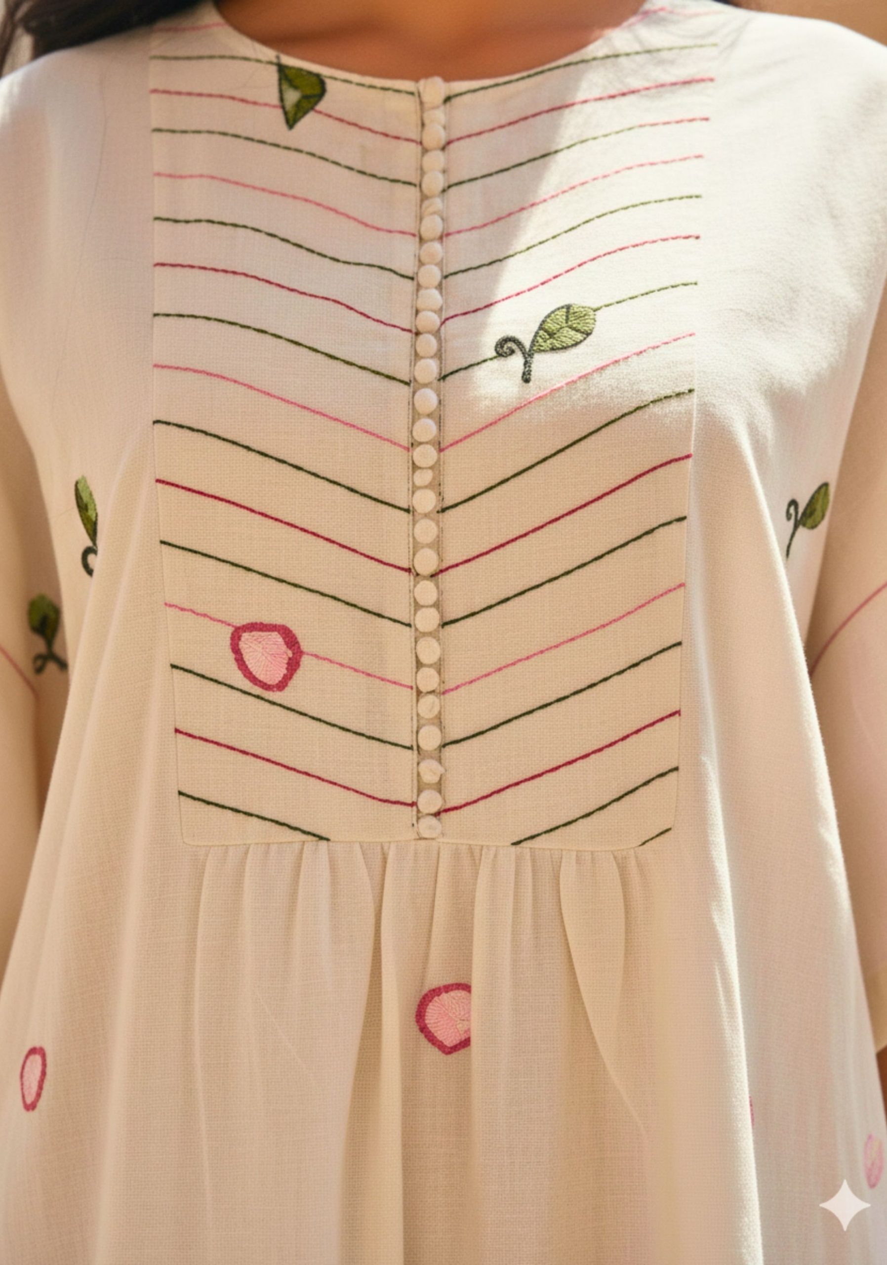 Energised Off-White Cotton Kaftan Dress With Thread Work & Potli Button At The Yoke - Image 5