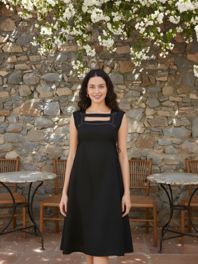 Metal Black Linen Midi Dress with Beaded Keyhole & Adjustable Waist