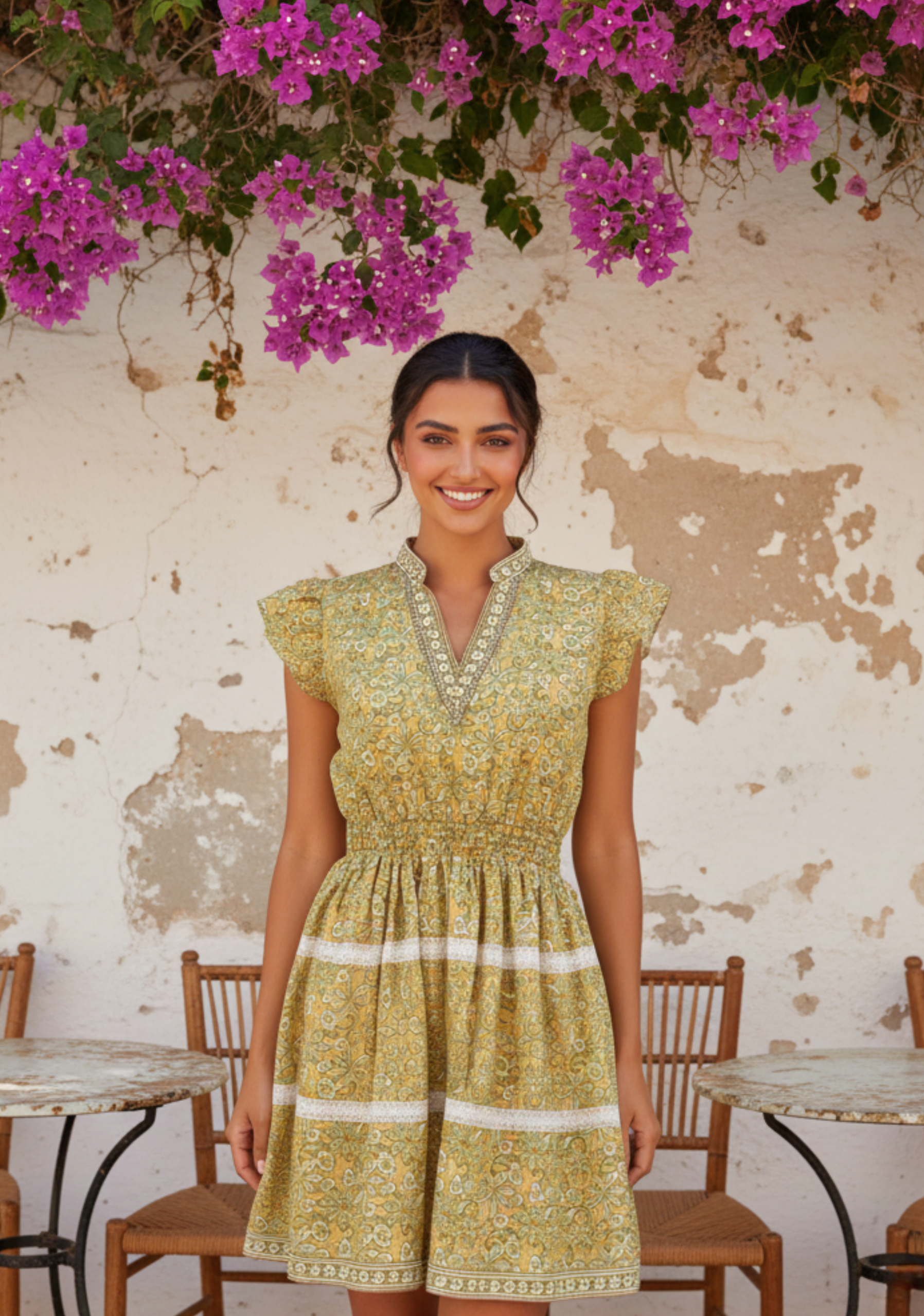 Yellow Cotton Short Dress with Embellished V-Neck & Lace Flare