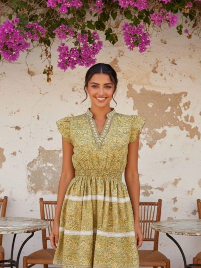 Yellow Cotton Short Dress with Embellished V-Neck & Lace Flare