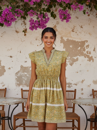 Yellow Cotton Short Dress with Embellished V-Neck & Lace Flare