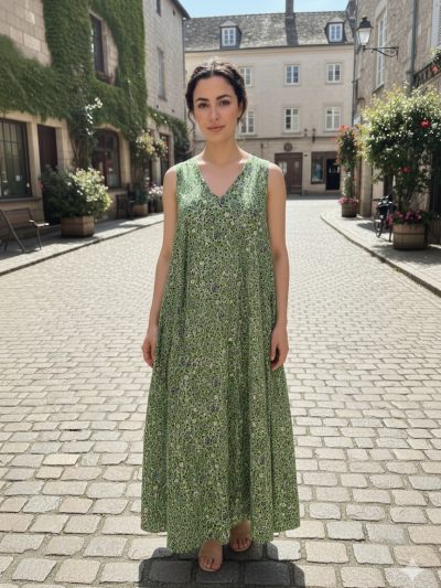 Green Printed Cotton Maxi Dress with Two Side Pockets