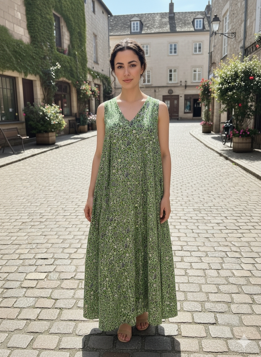 Green Printed Cotton Maxi Dress with Two Side Pockets