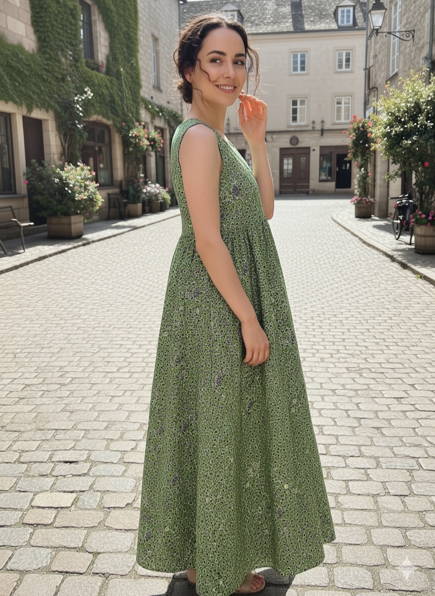 Green Printed Cotton Maxi Dress with Two Side Pockets - Image 3