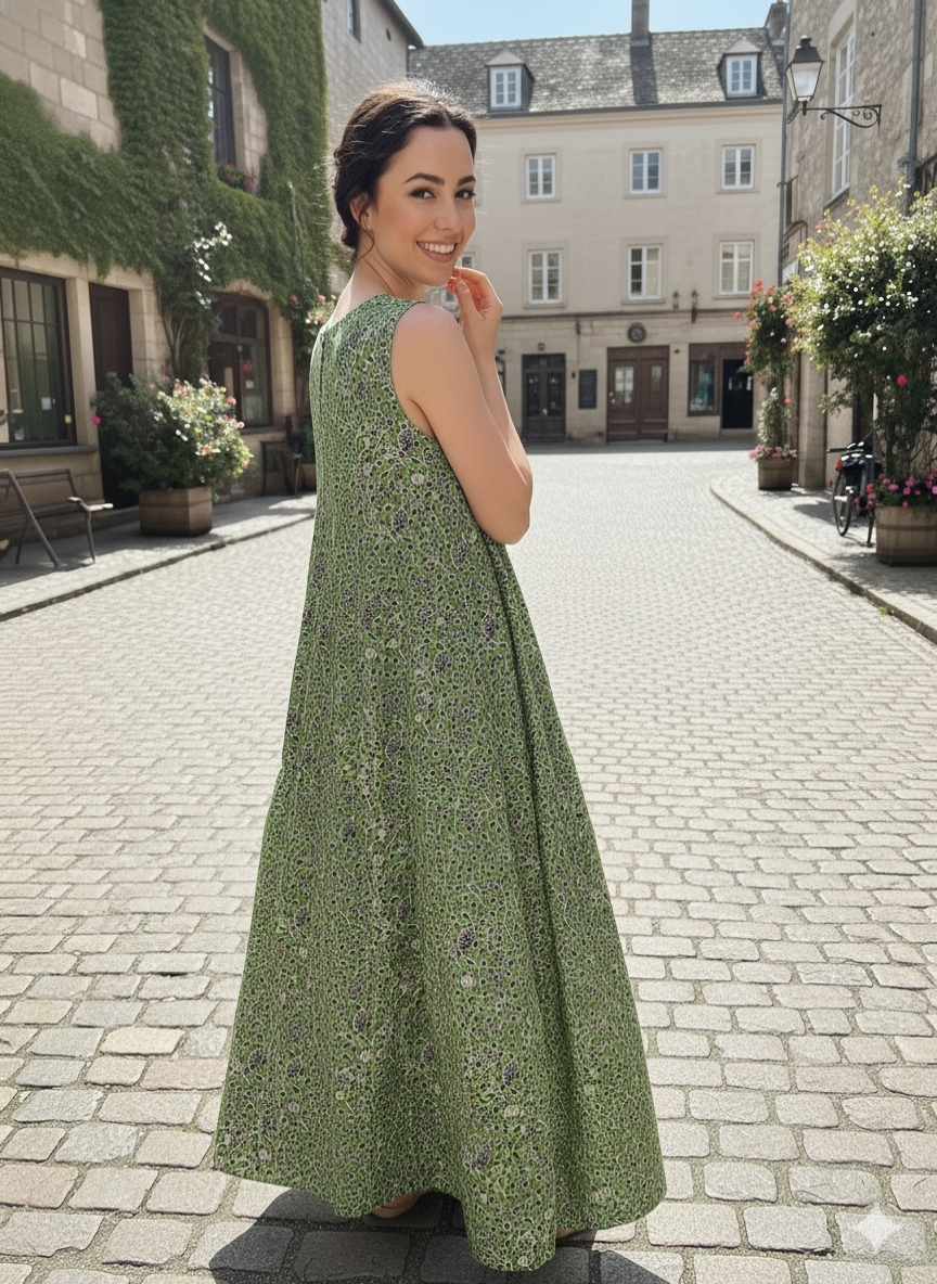Green Printed Cotton Maxi Dress with Two Side Pockets - Image 4