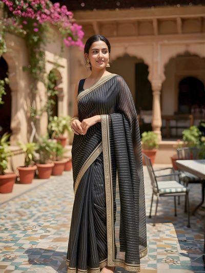 Elegant Black & Gold Biscous Georgette Saree – Party Wear Glamour