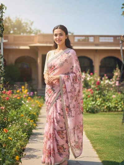 Pastel Pink Floral Georgette Saree – Soft Feminine Elegance