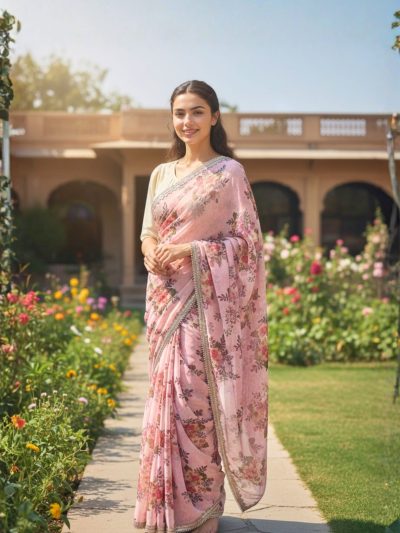 Pastel Pink Floral Georgette Saree – Soft Feminine Elegance