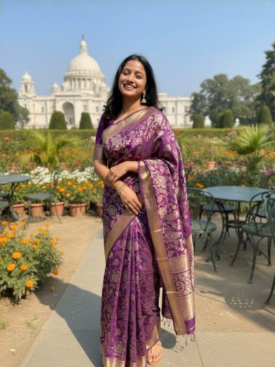 Royal Purple Paschmina Print Dola Silk Saree – Traditional Paisley Elegance