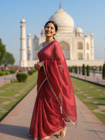 Classic Red Raga Silk Saree with Golden Border – Timeless Grace