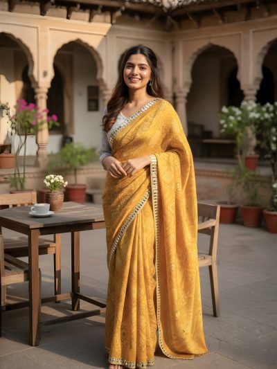 Mustard Yellow Dola Silk Saree with Mirror Work Border – Festive Charm