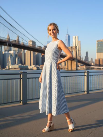 Light Blue Striped Cotton Princess A-Line Midi Dress with Back Button Detail