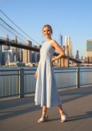 Light Blue Striped Cotton Princess A-Line Midi Dress with Back Button Detail