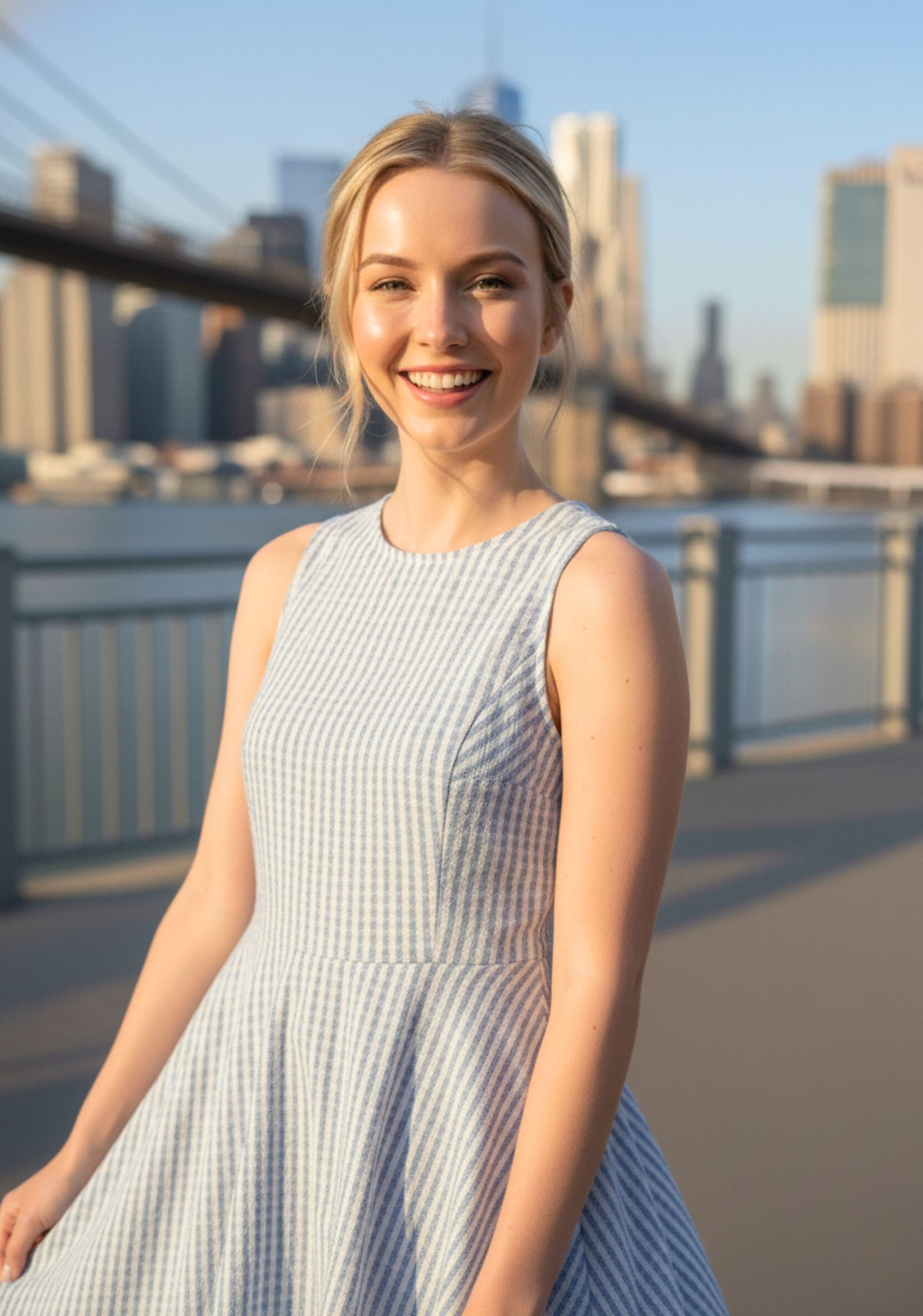 Light Blue Striped Cotton Princess A-Line Midi Dress with Back Button Detail - Image 2