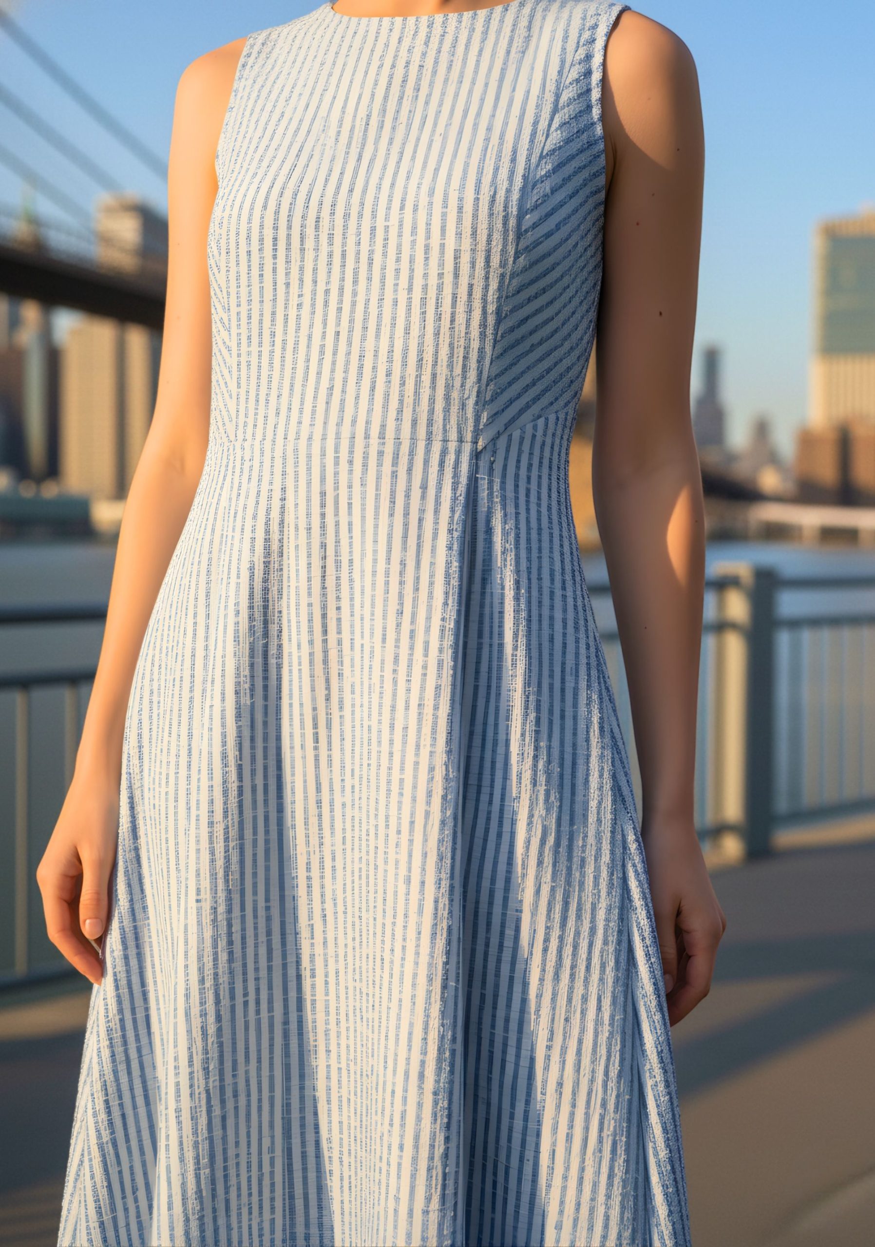 Light Blue Striped Cotton Princess A-Line Midi Dress with Back Button Detail - Image 5