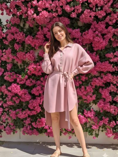 Blushing Peach Linen High-Low Shirt Dress with Pearl Beaded Collar