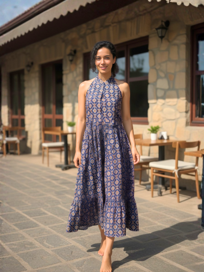 Denim Blue Cotton Printed Dress