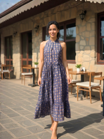 Denim Blue Cotton Printed Dress