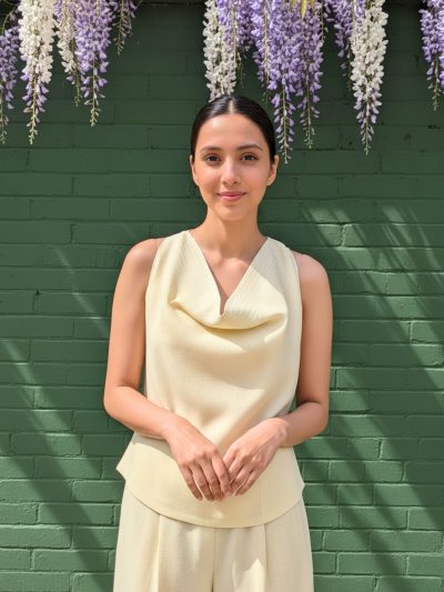 Lime Yellow Linen Co-ord Set with Cowl Neckline and Bell-Bottom Pants