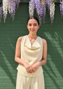 Lime Yellow Linen Co-ord Set with Cowl Neckline and Bell-Bottom Pants