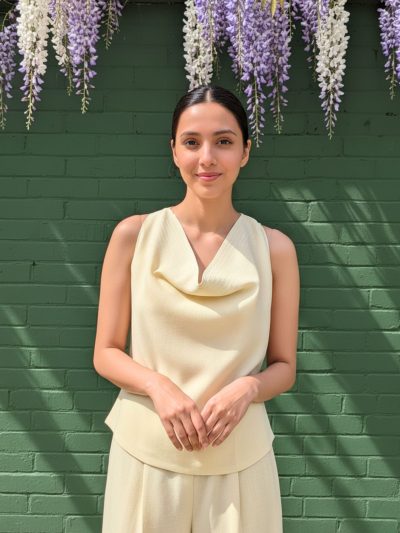 Lime Yellow Linen Co-ord Set with Cowl Neckline and Bell-Bottom Pants