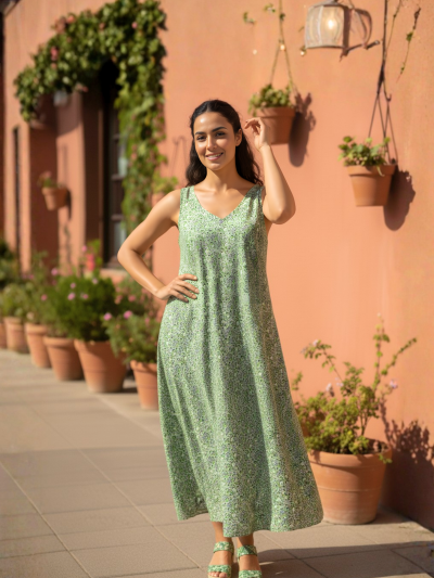 Green Printed Cotton Maxi Dress with Tassels & Thread Work