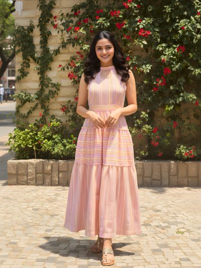 Multicolor Striped Cotton Maxi Dress with Halter Neck