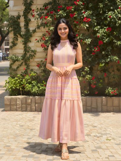 Multicolor Striped Cotton Maxi Dress with Halter Neck