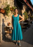 Seafoam Cotton Princessline Midi Dress with Beaded Detail & Pleated Sleeves