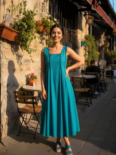 Seafoam Cotton Princessline Midi Dress with Beaded Detail & Pleated Sleeves