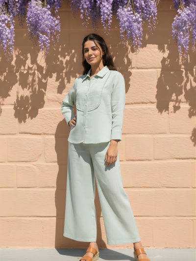 Tea Green Linen Co-ord Set with Pearl-Beaded Yoke and Pleated Pants