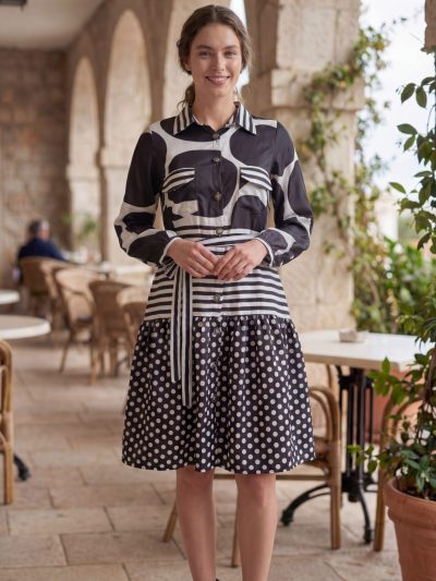 Black & White High-Frequency Slub Cotton Midi Dress