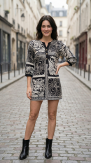 Energised Black & White Printed Slub Cotton Short Dress for Manifestation