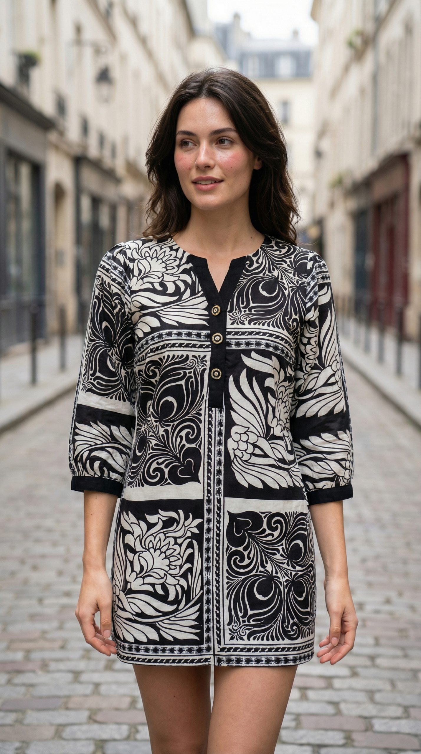 Energised Black & White Printed Slub Cotton Short Dress for Manifestation - Image 2