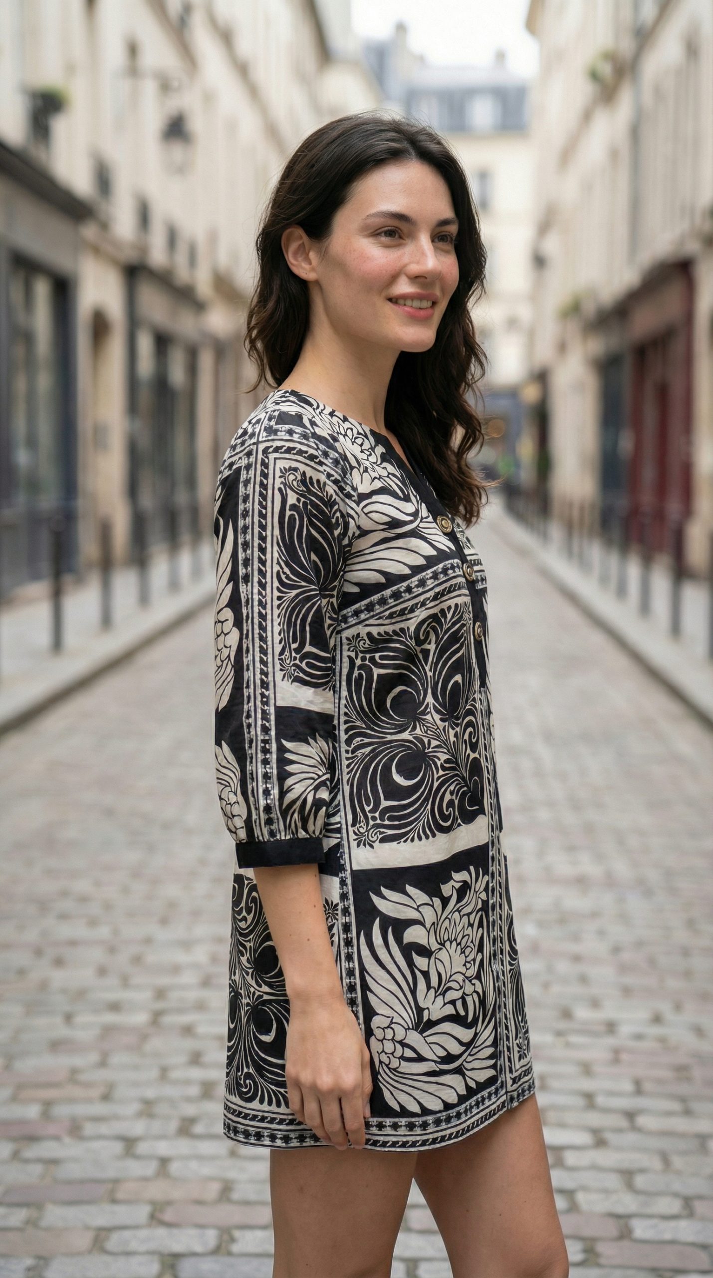 Energised Black & White Printed Slub Cotton Short Dress for Manifestation - Image 3