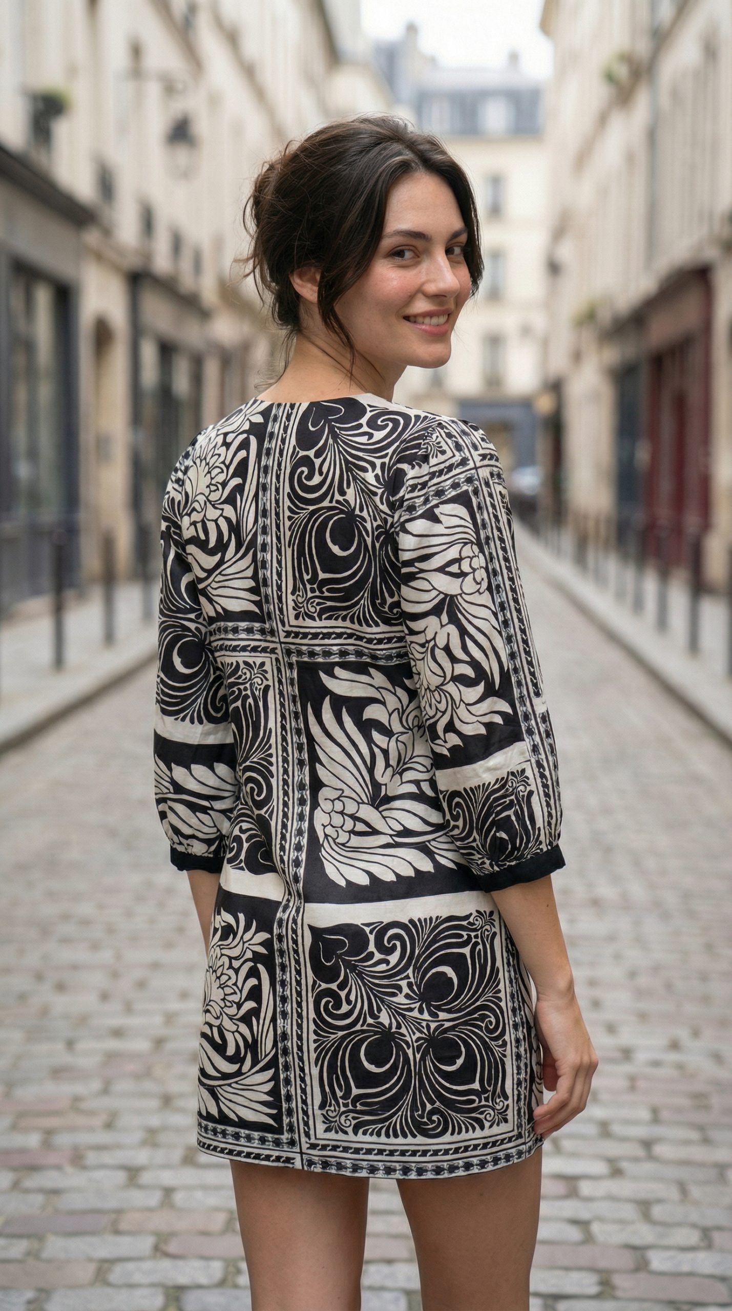 Energised Black & White Printed Slub Cotton Short Dress for Manifestation - Image 4