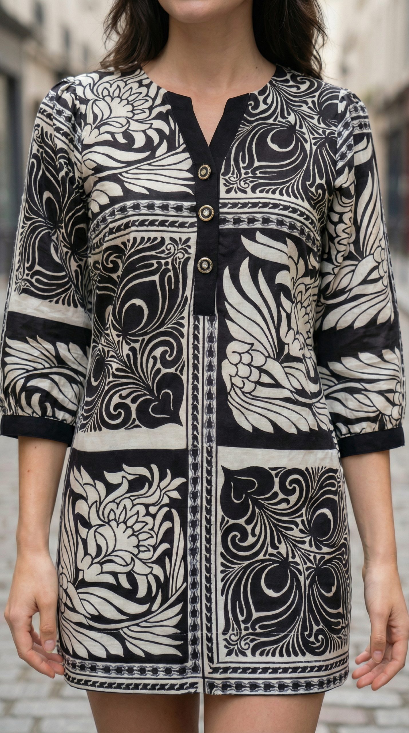 Energised Black & White Printed Slub Cotton Short Dress for Manifestation - Image 5