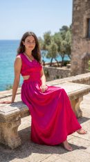 Energised Deep Pink Gajji Silk Midi Dress with Waist Cutout for Manifestation