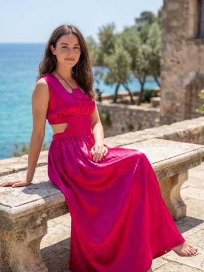 Energised Deep Pink Gajji Silk Midi Dress with Waist Cutout for Manifestation