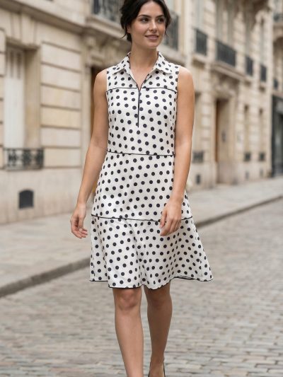 Black and white polka dot cotton midi dress with two-tier circular flare, front view