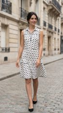 Black and white polka dot cotton midi dress with two-tier circular flare, front view